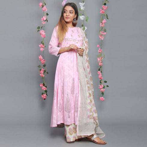 Jacquard pink Anarkali Kurta with Palazzo and Dupatta (Set Of 3)