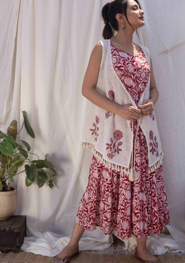 Red Pomegranate Print Flared Dress with Cape (set of 2)