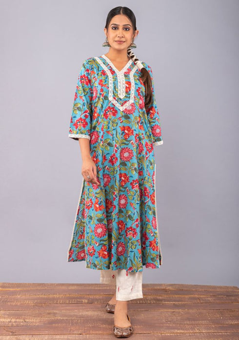 Teal Blue Block Printed A-line Kurta with Pant (Set of 2)
