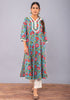 Teal Blue Block Printed A-line Kurta with Pant (Set of 2)
