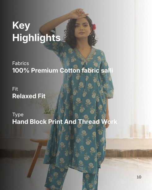 Blue floral discharge print flared Kurta with pant (set of 2)