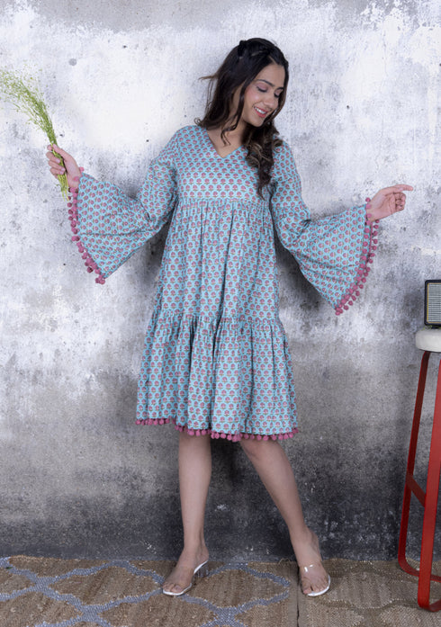 Teal Small Booti Printed Short Dress