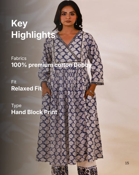 Indigo Sanganeri Block printed Anarkali Kurta with Pant (set of 2)