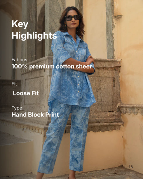 Indigo blue Marble Tie & Dye Handcrafted lose shirt with pant (set of 2)