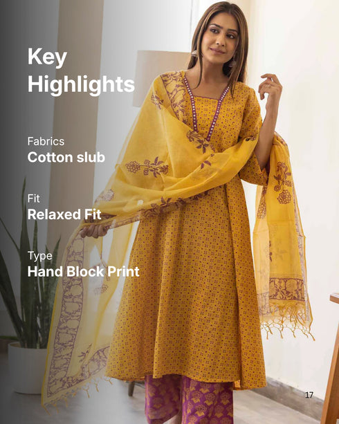 Gold Yellow Hand Block Print Aline Kurta with Pant and Dupatta. (set of 3)