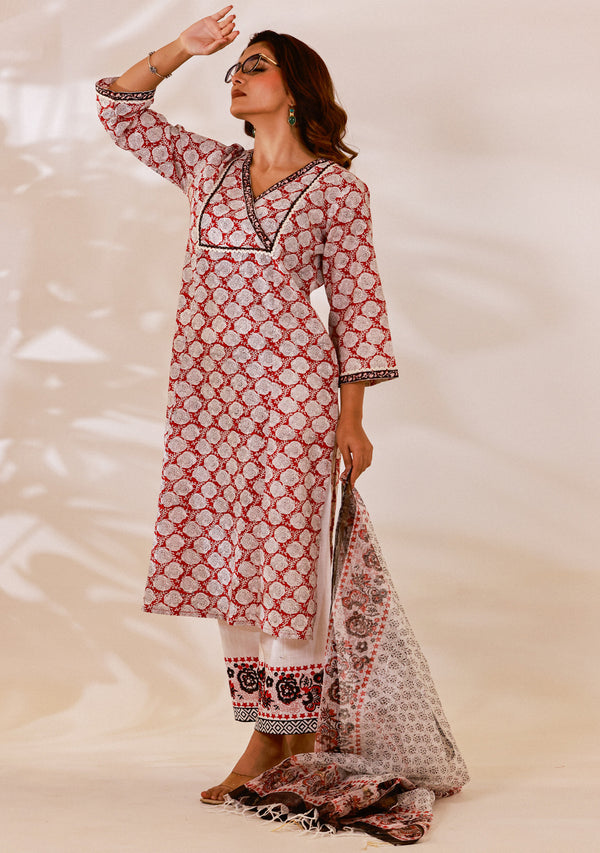 Red Sanganeri hand Block Print Kalidar Suit Set (set of 3)