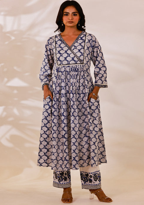 Indigo Sanganeri Block printed Anarkali Kurta with Pant (set of 2)