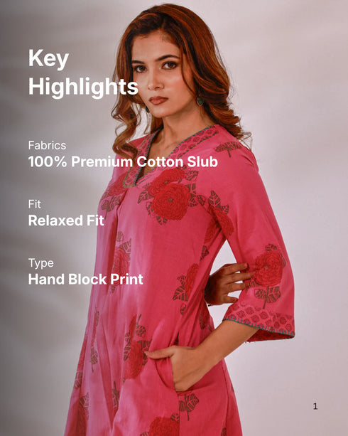 Pink floral Hand block print flared Kurta with pant