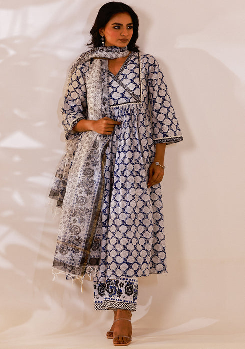 Indigo Sanganeri block print Anarkali Suit Set (set of 3)