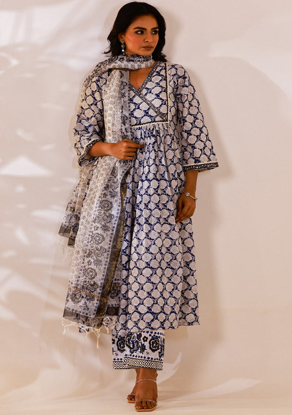 Indigo Sanganeri block print Anarkali Suit Set (set of 3)