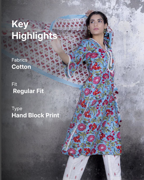 Teal Blue Sanganeri Print A-line Kurta with Pant & Dupatta