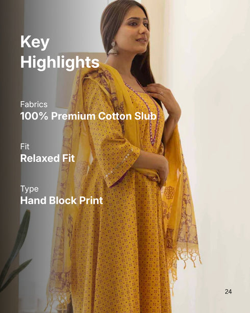 Gold Yellow Hand Block Print Aline Kurta with Pant and Dupatta. (set of 3)