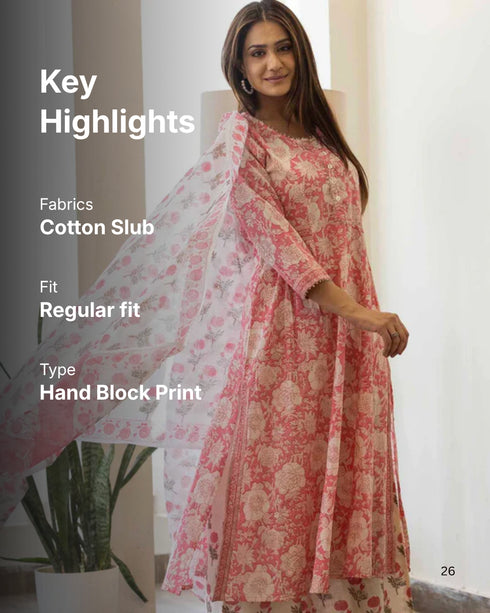 Sanganeri Rose Print Flared Kurta with Pant and Dupatta (set of 3)