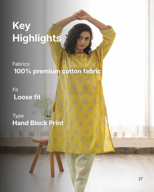 Yellow floral discharge print Kurta with Salwar (set of 2)