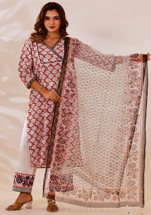 Red Sanganeri hand Block Print Kalidar Suit Set (set of 3)