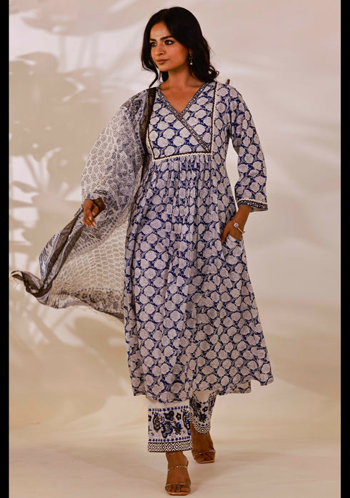 Indigo Sanganeri block print Anarkali Suit Set (set of 3)