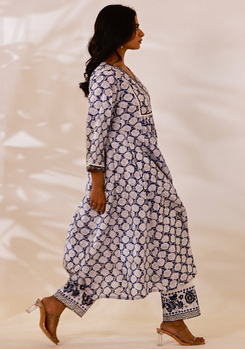 Indigo Sanganeri Block printed Anarkali Kurta with Pant (set of 2)