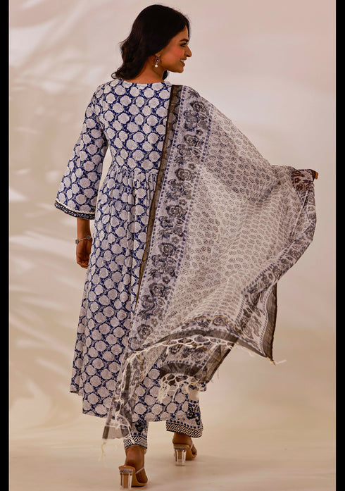 Indigo Sanganeri block print Anarkali Suit Set (set of 3)