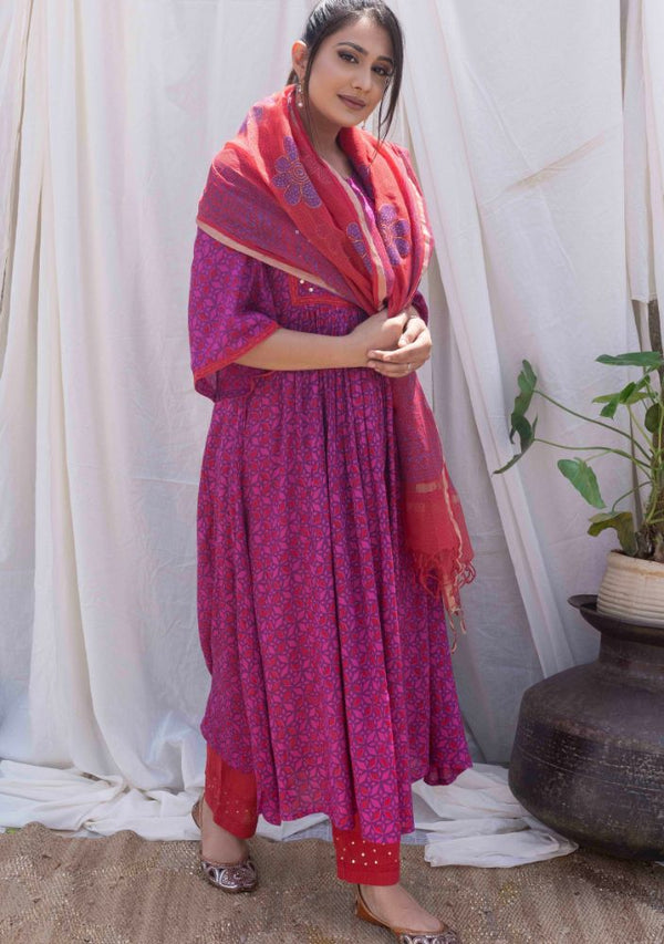 Magenta Printed Gathered Kurta with Pant and Dupatta (set of 3)