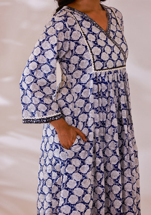 Indigo Sanganeri Block printed Anarkali Kurta with Pant (set of 2)