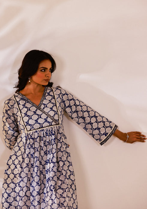 Indigo Sanganeri block print Anarkali Suit Set (set of 3)