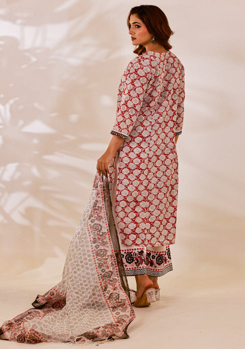 Red Sanganeri hand Block Print Kalidar Suit Set (set of 3)