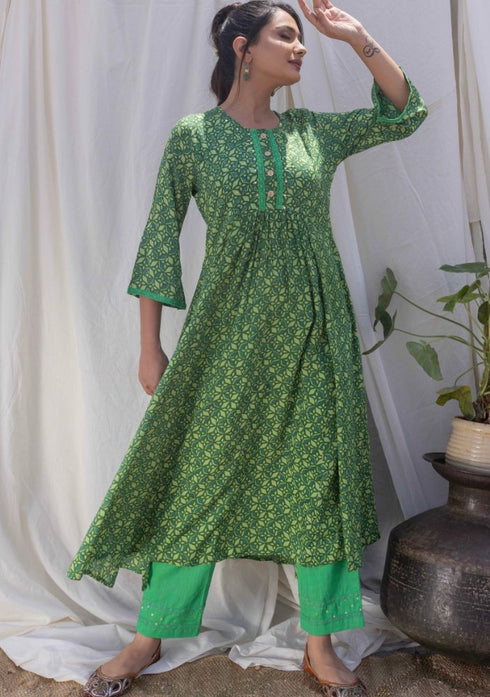Jungle Green Printed Gathered Kurta with Pant (set of 2)