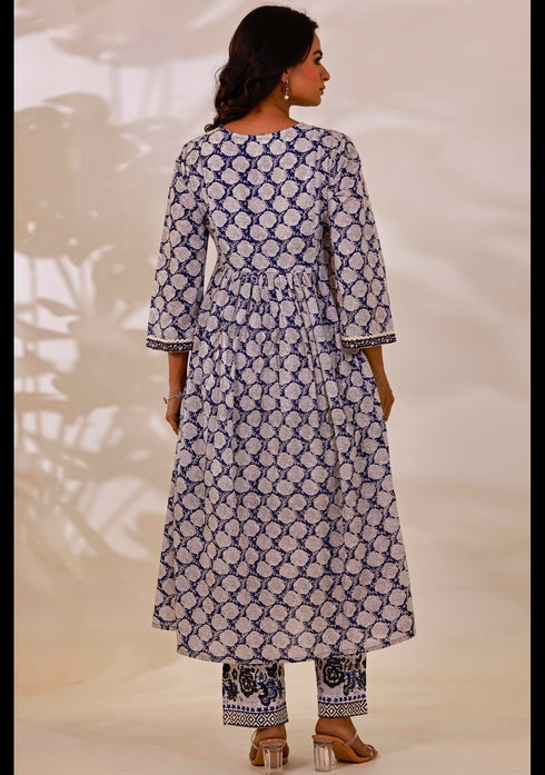 Indigo Sanganeri Block printed Anarkali Kurta with Pant (set of 2)