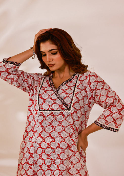 Red Sanganeri hand Block Print Kalidar Suit Set (set of 3)