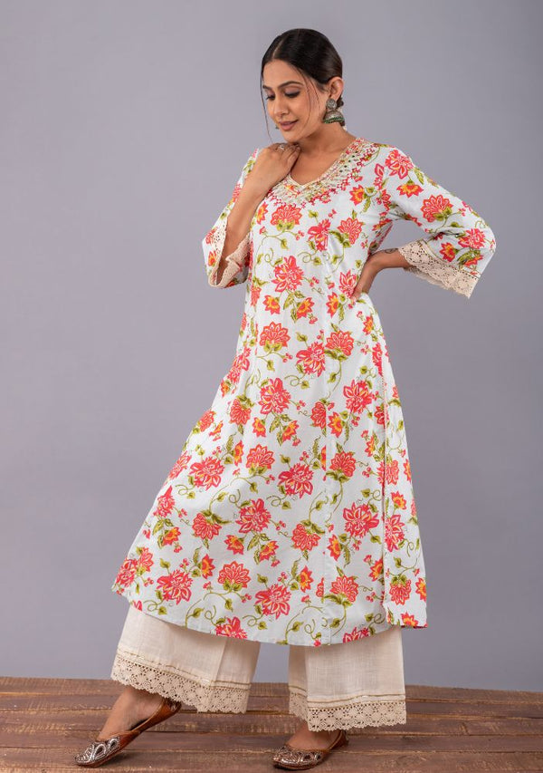 Baby Blue Floral Print A-line kurta with Palazzo (Set of 2)