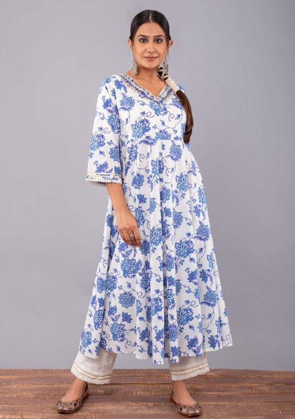 Blue Open jaal Print Anarkali Kurta with pant (Set of 2)