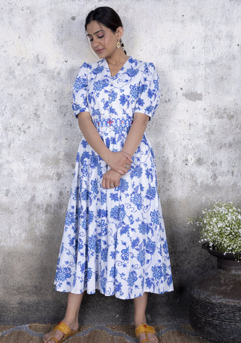 Blue Open Jaal Flared Midi Dress with Belt