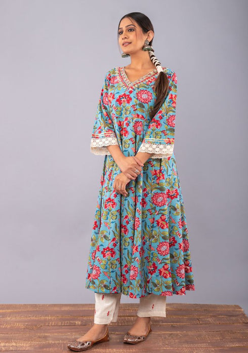Teal Blue Floral Print Anarkali Kurta with Pant. (Set of 2)