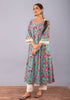 Teal Blue Floral Print Anarkali Kurta with Pant. (Set of 2)