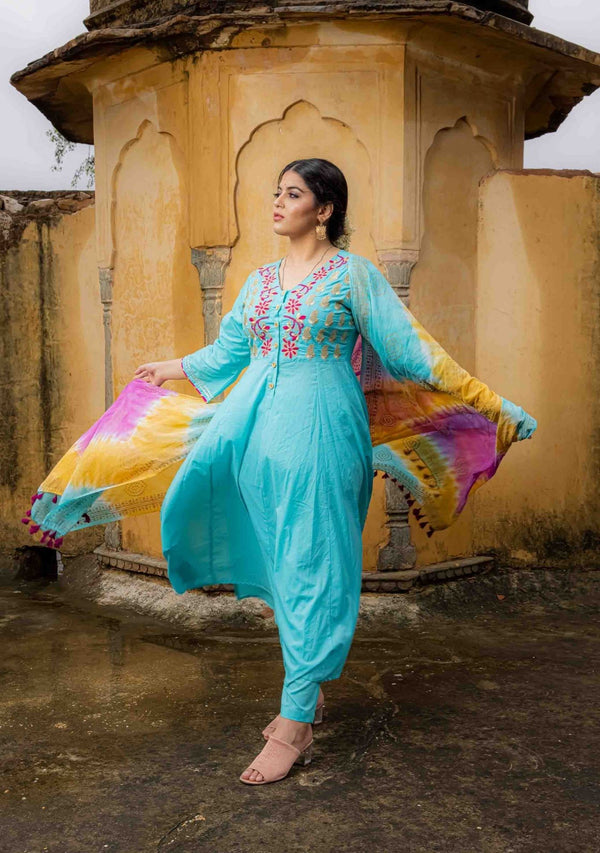 Aqua Blue Embroidered Anarkali Suit Set (Set of 3)
