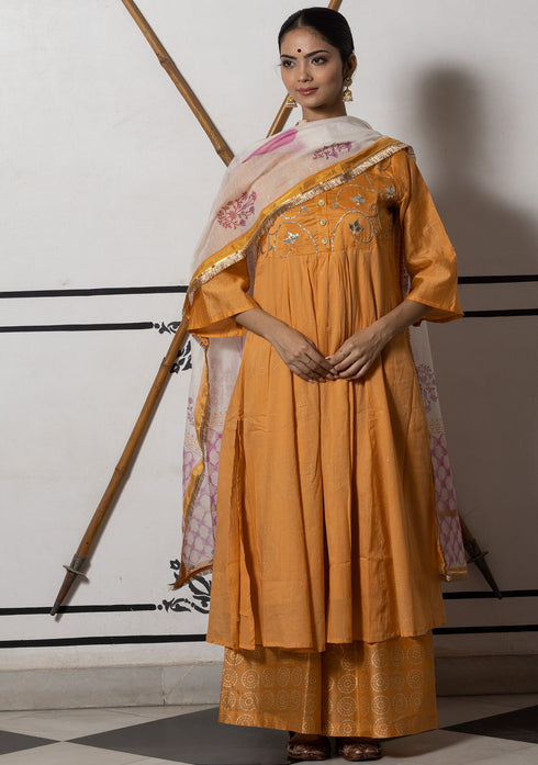 Utsav Wildfire Orange Flared Kurta Set with Gota Work. (set of 3)