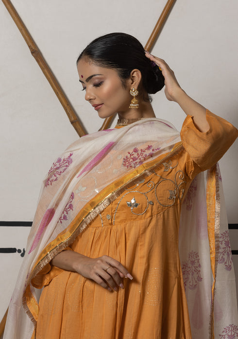 Utsav Wildfire Orange Flared Kurta Set with Gota Work. (set of 3)