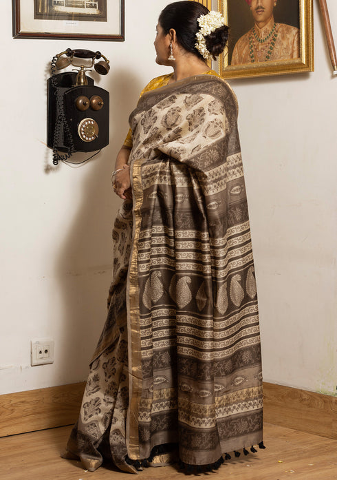 Varuna Kashish Grey Ajrakh Print Saree with Yellow Blouse