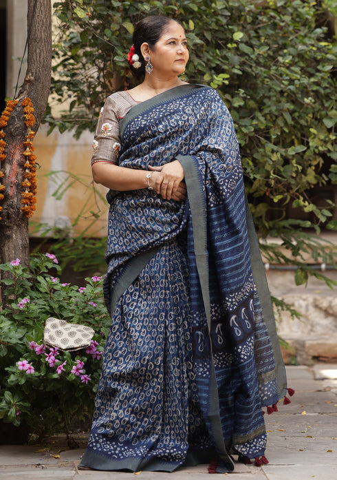 Varuna Indigo Blue Bagru print Saree with Bagru print Blouse
