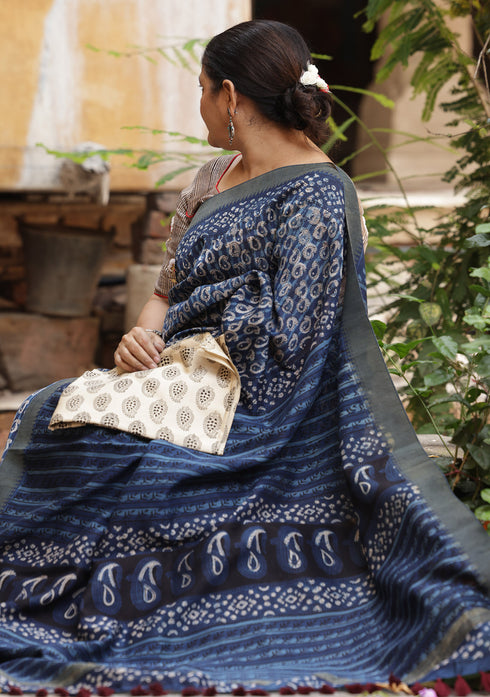 Varuna Indigo Blue Bagru print Saree with Bagru print Blouse