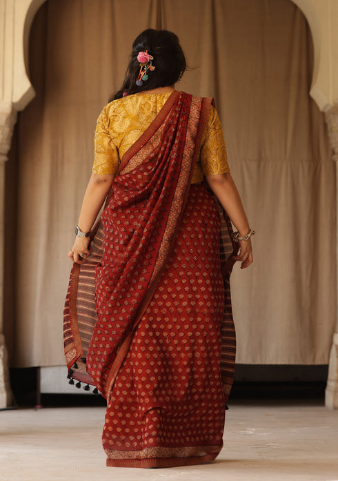 Saksha Red Booti Bagru Print Saree with Yellow Blouse