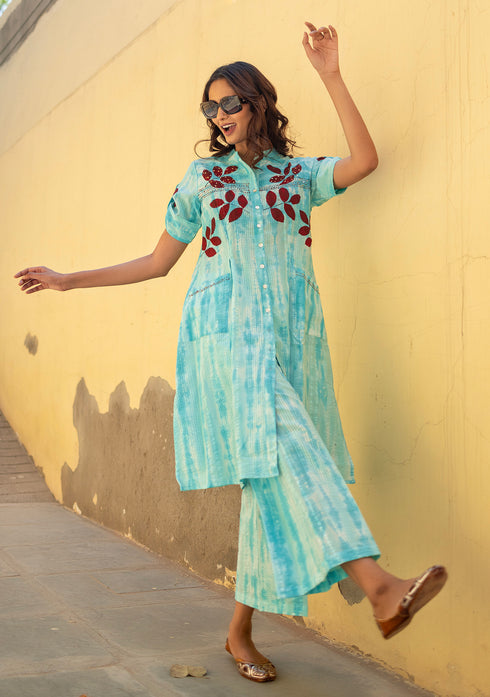 Sea Green Abar Tie & Dye Handcrafted Kurta with Pant (set of 2)