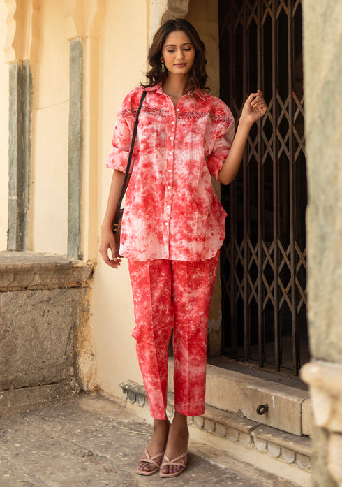 Rose red Marble Tie & Dye Handcrafted free size shirt with pant (set of 2)