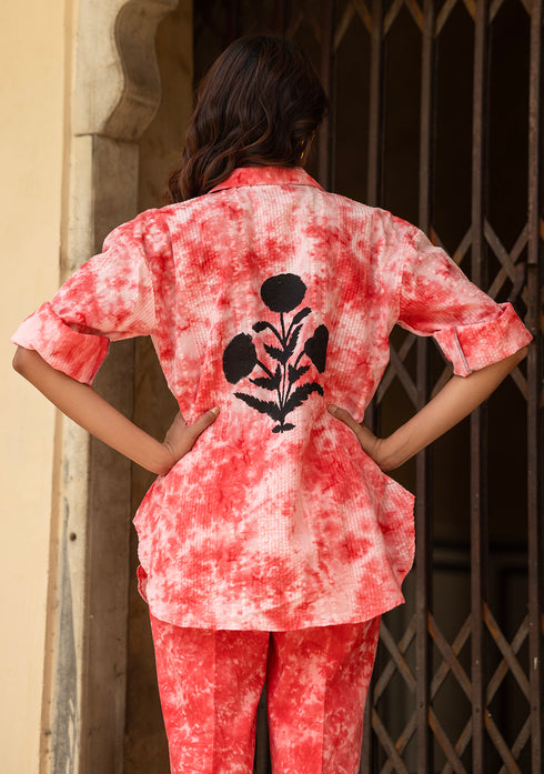 Rose red Marble Tie & Dye Handcrafted free size shirt with pant (set of 2)