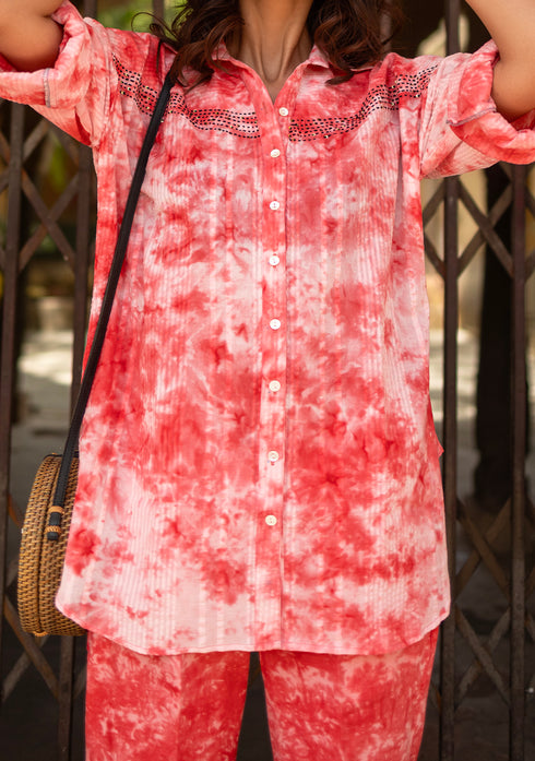 Rose red Marble Tie & Dye Handcrafted free size shirt with pant (set of 2)