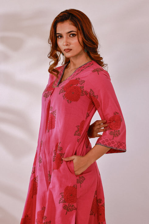 Pink floral Hand block print flared Kurta with pant (set of 2)