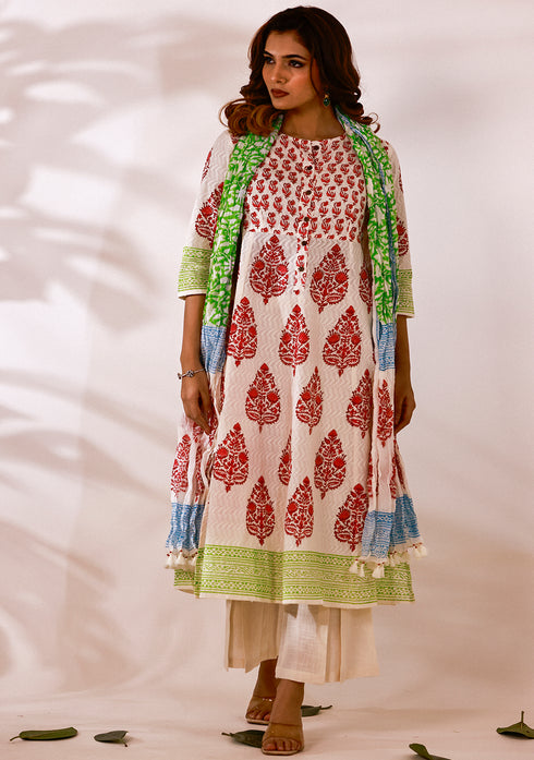 Red Hand-Block Print Anarkali Suit with Dupatta (Set of 3)