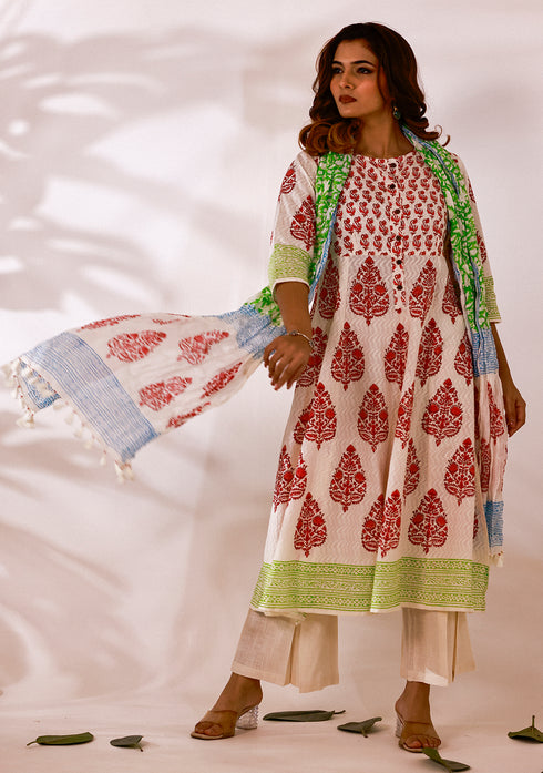 Red Hand-Block Print Anarkali Suit with Dupatta (Set of 3)