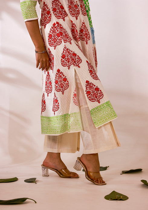 Red Hand-Block Print Anarkali Suit with Dupatta (Set of 3)