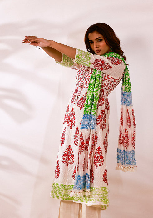 Red Hand-Block Print Anarkali Suit with Dupatta (Set of 3)